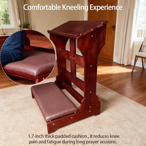 Wood Prayer Bench with Cushion – Kneeler for Home and Church, Padded Kneeling Stool with Slanted Shelf for Bible, 23" x 20" x 32.8"