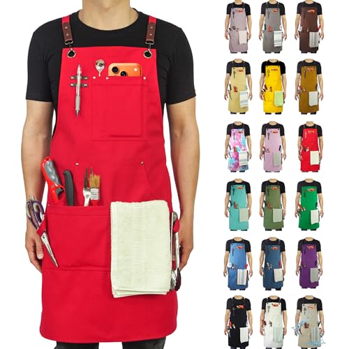 Kitchen Apron, Work Apron, Canvas, Multiple Pockets, Gardening, Painting, BBQ, Artist, Carpenter, Sizes M to XXL, Red | Multiple Pockets, Gardening, Painting, BBQ, Artist, Carpenter, Sizes M to XXL - color: Red