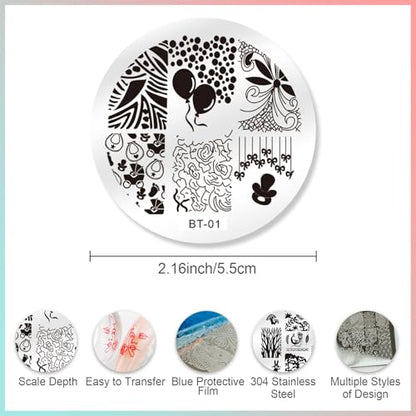 Biutee 15PCS Nail Stamping Plates with Nail Art Stamper and Scraper | Nail Stamper Kit Nail Stamp Plate Flower Animal Geometry Stripe Design Nail Stamping Kit with Storage Bag - color: 18pcs