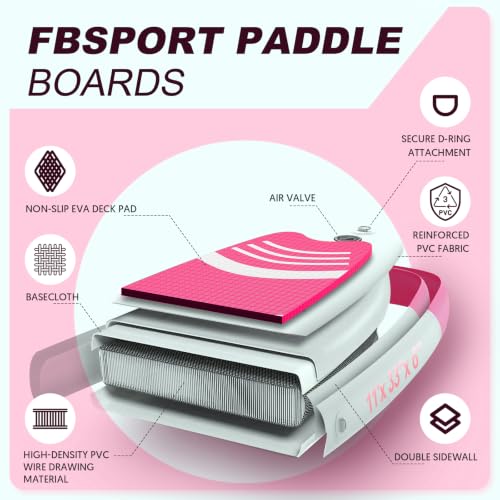 FBSPORT 11' Premium Stand Up Paddle Board, Yoga Board with SUP Accessories & Carry Bag | Wide Stance, Surf Control, Non-Slip Deck, Leash, Paddle and Pump for Youth & Adult - color: Pink