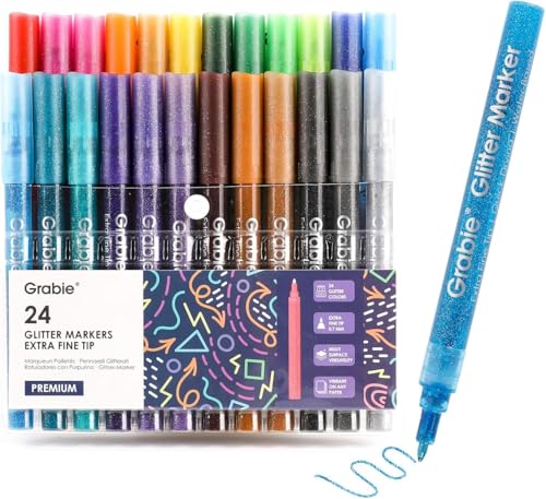 Grabie Glitter Acrylic Paint Markers, Pack of 24 Medium Tip Paint Pens | Metallic Glitter Quick-Drying Water-Based Ink, 0.7mm Fine Lines for Detail Drawing, Smooth Sparkle Color Coverage - color: 24 Glitter Colors