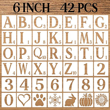 6 Inch Letter Stencils Numbers Craft Stencils, 42 Pcs Reusable Plastic Alphabet Drawing Templates for Painting on Wood, Wall, Fabric, Rock, Signage, Door Porch, DIY Art Projects - size: 6 Inch