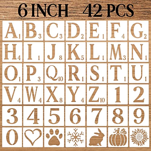 6 Inch Letter Stencils Numbers Craft Stencils, 42 Pcs Reusable Plastic Alphabet Drawing Templates for Painting on Wood, Wall, Fabric, Rock, Signage, Door Porch, DIY Art Projects - size: 6 Inch