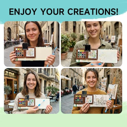 Mini Wooden Watercolor Paint Set, All-in-One Pocket Travel Art Kit: 15-Grid Palette, 12-Color Pigment, Brushes, Sketchbook, Clip, Sponge & Bags- Art Supplies Gift for Beginners & Artists DMCK004 - color: Botanical Green