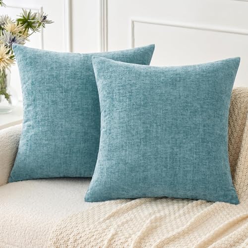 MIULEE Soft Chenille Throw Pillow Covers Smoke Blue 16x16 Inch Pack of 2 | Modern Coastal Home Decor, Classic Decorative Pillows, Solid Dyed Cases, Boho Couch Cushion Covers for Sofa Bed Living Room - color: Smoke Blue, size: 16" x 16" (Pack of 2)
