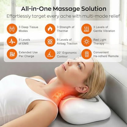 3-in-1 Shiatsu Neck & Back Massager with Heat, Vibration & Airbag Traction, Portable Cordless Electric Massage Pillow Ergonomic Design for Deep Tissue Pain Relief Muscle Relax