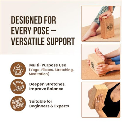 MHW - LIVE WELL Cork Yoga Block – Natural Anti-Slip Yoga Block for Stability & Deepening Poses - 9x6x3 Inches, Single (Cork, Pack of 2)