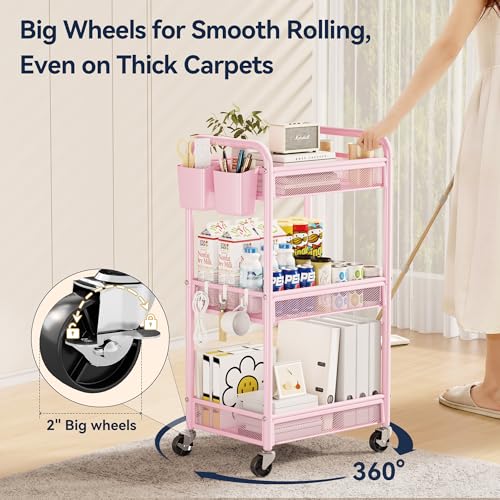 YASONIC 3 Tier Metal Rolling Cart, Pink Utility Storage Cart with Wheels - color: Pink, size: 3-tier