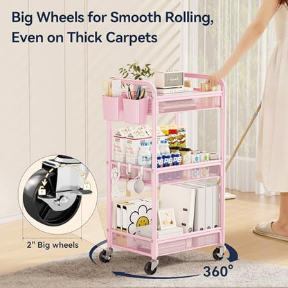 YASONIC 3 Tier Metal Rolling Cart, Pink Utility Storage Cart with Wheels - color: Pink, size: 3-tier