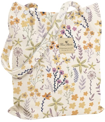 Miss Adola Corduroy Tote Bag for Women with Aesthetic Design | Magnetic Buckle & Pocket, Reusable, Soft, Roomy, Long Shoulder Handles, Double-sided Print, Casual Daily Work, Grocery Bags - color: Small Floral