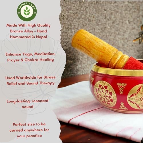 Nature's Own Tibetan Singing Bowl Set- Easy to Play- Meditation Sound Bowl Handcrafted in Nepal for Yoga, Mindfulness, Chakra Healing, Stress Relief- Spiritual Gifts for Women and Men (3.5 Inch, Red) - color: Red
