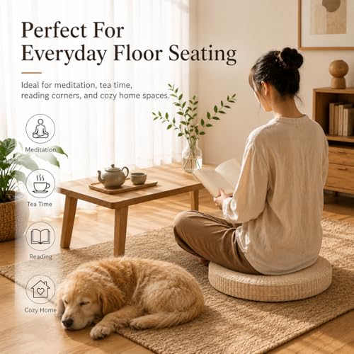 19.7" Round Tatami Floor Pillow, Handwoven Natural Straw Seat | Artisan Crafted, EPE Filling, Comfortable Support, Boho, Lightweight, for Livng Room Meditation Reading Nook Patio - size: 19.7''