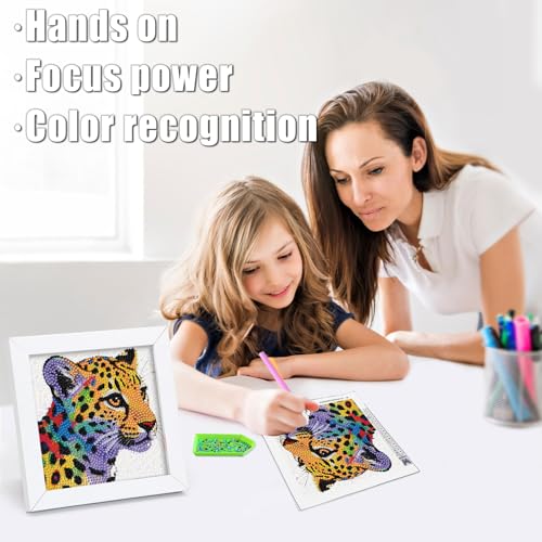geesfayan Diamond Art Kits for Kids,6 Inch DIY Gem Art Painting with 7 Inch Frame, Complete Starter Kit for Beginners, Creative Arts & Crafts Gift for Girls & Boys (Colorful Leopard) - color: Colorful leopard