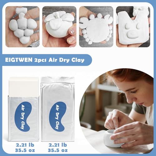 EIGTWEN 20pcs Air Dry Clay for Adults Kit, Full Tools, Ideal for Beginners | 4.4oz Air Dry Clay, 50ml Gloss Glaze, 8 Colors of Paint, Sculpting Tools, Paintbrushes, Brushes, Sponges,Complete Tools