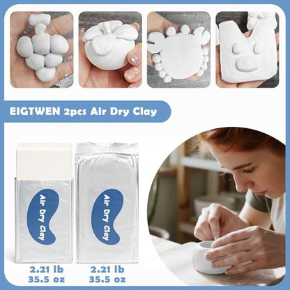 EIGTWEN 20pcs Air Dry Clay for Adults Kit, Full Tools, Ideal for Beginners | 4.4oz Air Dry Clay, 50ml Gloss Glaze, 8 Colors of Paint, Sculpting Tools, Paintbrushes, Brushes, Sponges,Complete Tools