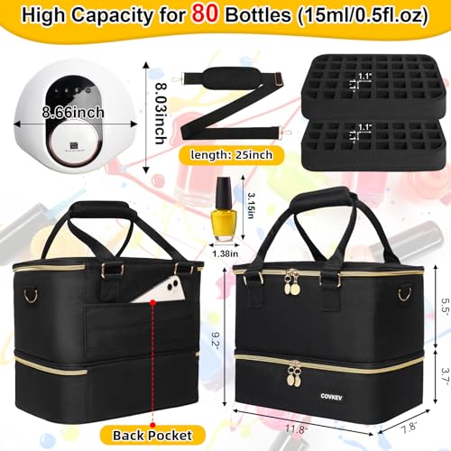 Covkev Nail Polish Organizer Hold 80 Bottles (15ml/0.5 fl.oz)& Nail Lamp, Double Layer Nail Bag Organizer Case with Handle, Large Nail Supplies& Kit Storage Case for Women Travel (Black& Golden)