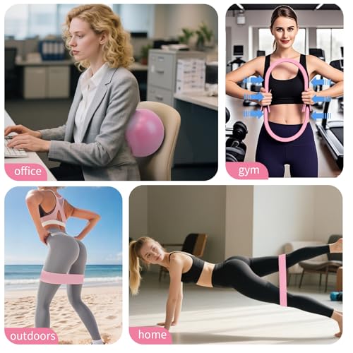 Pilates Essential Kit - Home Pilates Equipment Set - with Toning Pilates Ring & Long Resistance Bands & 3 Level Pilates Loop Bands & Soft Pilates Ball & Pilates Grip Socks - color: Pink