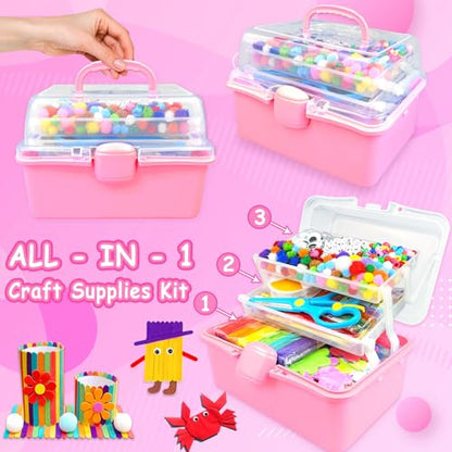 3000 Arts and Crafts Supplies for Kids Craft Kit Craft Box with Pipe Cleaners Arts and Crafts for Kids Age 4-6, 6-8, 8-12 DIY School Supplies Materials Set Toys Gifts for Girls Boys Toddlers, Red - color: red