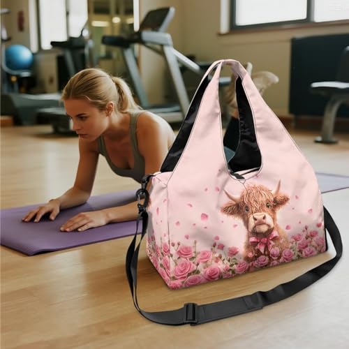 Gym Bag with Yoga Mat Holder Large Tote Bag With Multi Pockets for Women Men Dry Wet Separated Pocket Carryall Yoga Tote Bag for Pilates Travel Workout Office - color: Highland Cattle