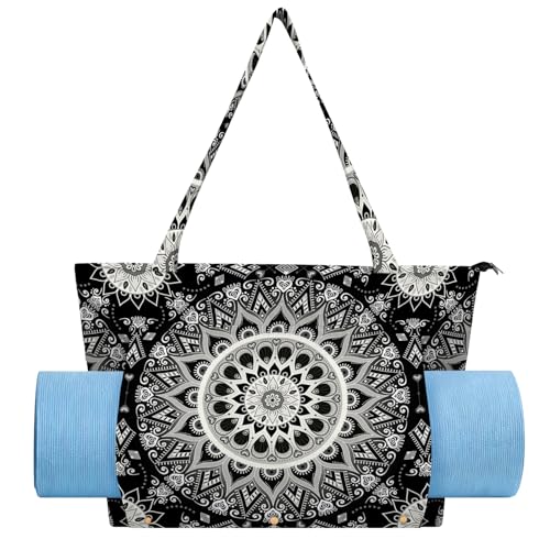 Mandala Yoga Mat Bag Large Yoga Bags and Carrier Fits All Your Stuff Yoga Tote Bags with Zipper Pocket Pilates Bag - color: Black