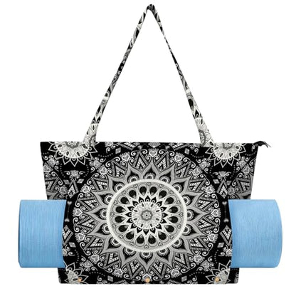 Mandala Yoga Mat Bag Large Yoga Bags and Carrier Fits All Your Stuff Yoga Tote Bags with Zipper Pocket Pilates Bag - color: Black