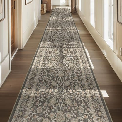 Well Woven Custom Size Hallway & Stair Runner- Asha Rome Charcoal Brown 26 Inches Wide Super Thin Long Runner (26" x 2' Runner) Rug - Floral, Easy Clean, Floor-Friendly Backing - size: 2'2" x 2' (Runner)