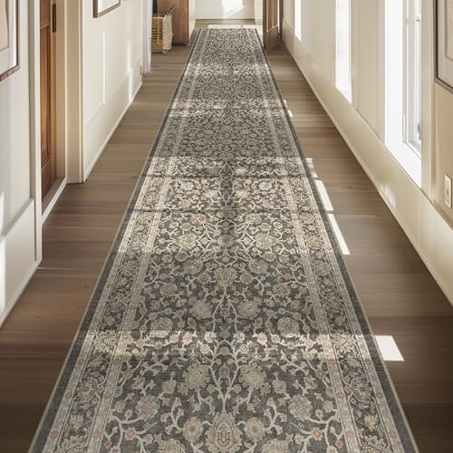 Well Woven Custom Size Hallway & Stair Runner- Asha Rome Charcoal Brown 26 Inches Wide Super Thin Long Runner (26" x 10' Runner) Rug - Floral, Easy Clean, Floor-Friendly Backing - size: 2'2" x 10' (Runner)