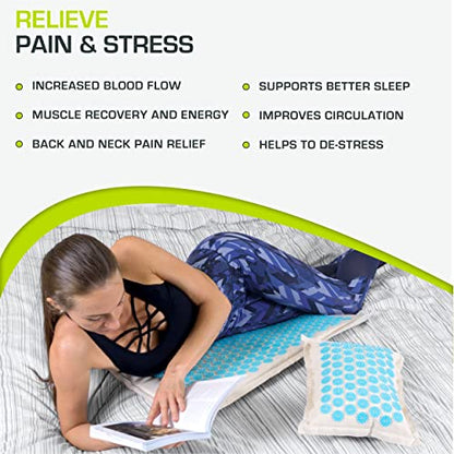 ProsourceFit Ki Acupressure Mat and Pillow Set with 100% Natural Linen for Back/Neck Pain Relief and Muscle Relaxation - color: Natural Aqua