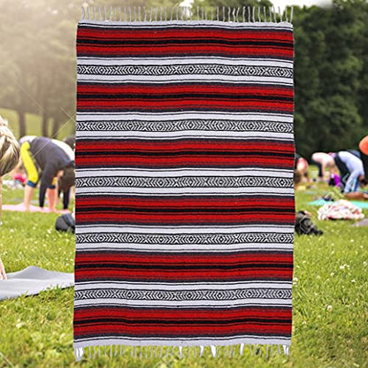 Authentic Mexican Red-Grey Blanket -Yoga Matt - Falsa - Serape - Camping, Picnic, Beach Blanket, Bedding, Car Blanket, Saddle Blanket, Soft Woven Home Decor (Red-Grey Color)