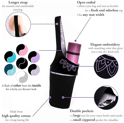 Yoga Mat Bag & Carrier with Pockets for Women | Holds yoga & pilates mats up to 72 in, Fits thick mats, Water bottle & zip pockets, 2 mat straps included, Gift-boxed - color: Lavender Bliss