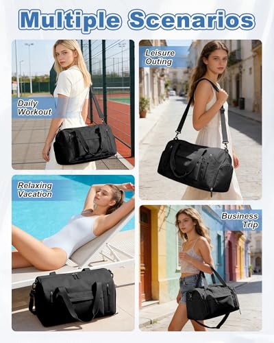 Gym Bag for Women with Shoes Compartment Travel Duffel Bag Black - color: J1-Black