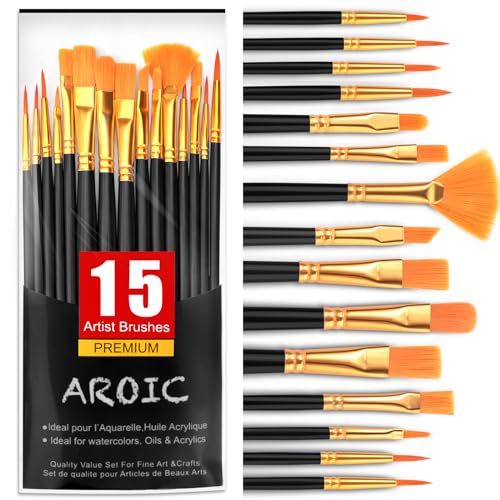 AROIC Acrylic Paint Brush Set,1pack/15pcs Nylon Hair Acrylic Painting Brush | Watercolor Rock Face Painting Brush, Artist Craft Brush Supplies, Paint Brush Set For All Purposes Children Adult painting - size: 15pcs