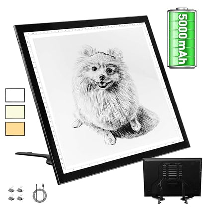 WELZK 5000mAh Rechargeable Diamond Art Light Board, Tracing Box Side Button | 5000mAh Battery, Side Buttons, 3 Color Temps 2800K-12000K, 10-Level Dimmable, 7-Level Stand, Smooth Surface - style: A3 3-Colors with Battery and Stand