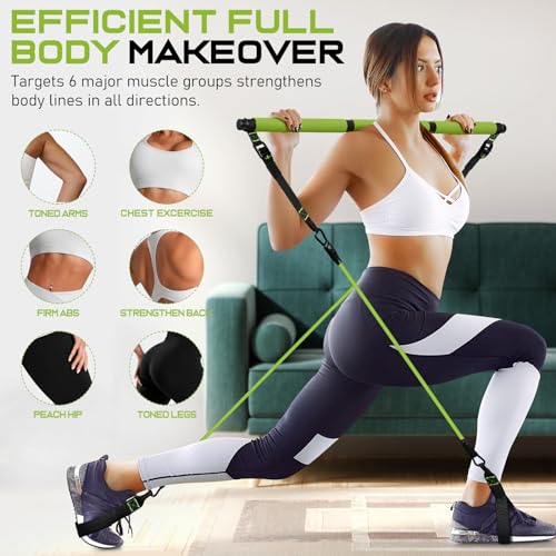 Pilates Bar Kit with 6 Latex Resistance Bands, Adjustable Exercise Bar - color: Green