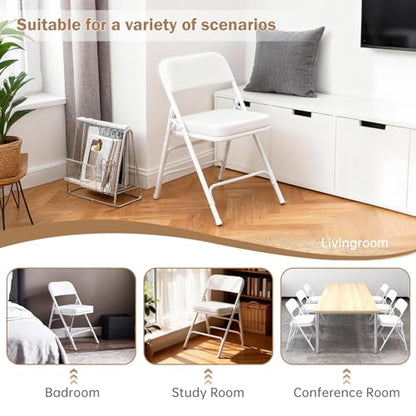 Padded Folding Chair Indoor Metal Frame Foldable Chair White | Comfortable Thick Vinyl Cushion Seat Durable Elegant Upholstered Single Chair for Small Space Home, Office and Events - color: White