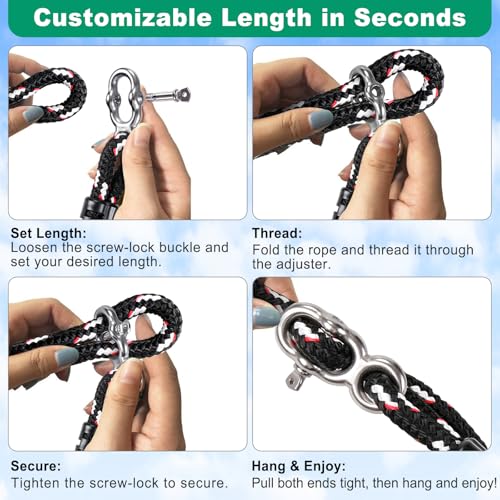 SELEWARE 10FT Heavy Duty Tree Swing Ropes, Adjustable Hammock Tree Straps | 2 Pcs Black Swing Straps Hanging Kit w/Stainless Steel Carabiners for Indoor Outdoor Swing Hammock Playground Set Accessories - size: 10ft (2 Pcs)