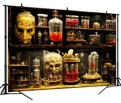 8x6FT Horror Lab Halloween Backdrop Frankenstein Ghost Skeletons Magic Witches Apothecary Authentic Lab Specimen for Halloween Party Birthday Baby Shower Party Supplies Decorations Backdrop - size: 8x6FT