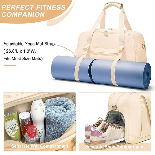 Sports Gym Bag for Women, Travel Duffle Bag with Shoe Compartment & Wet Pocket, Fitness Yoga Bag - color: Beige