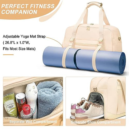 Sports Gym Bag for Women, Travel Duffle Bag with Shoe Compartment & Wet Pocket, Fitness Yoga Bag - color: Beige
