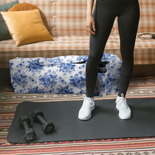 Large Yoga Mat Bag Yoga Bags and Carriers Fits All You Stuff Yoga Tote Bag with Yoga Mat Strap, Elastic Pockets and Zipper Pockets - color: white blue