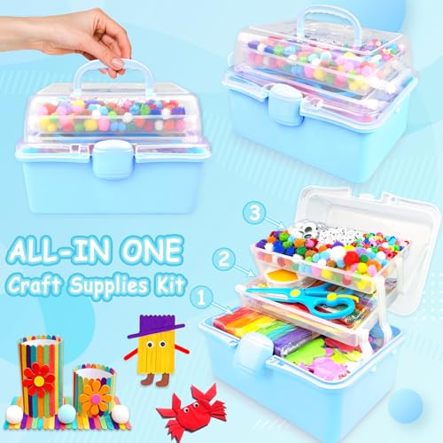 3000 Arts and Crafts Supplies for Kids Craft Kit Craft Box with Pipe Cleaners Arts and Crafts for Kids Age 4-6, 6-8, 8-12 DIY School Supplies Materials Set Toys Gifts for Girls Boys Toddlers, Blue - color: blue