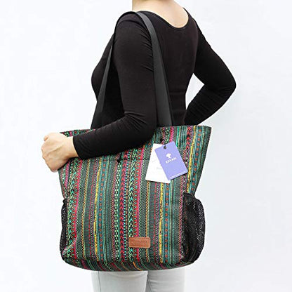 ESVAN Original Floral Tote Bag Large Shoulder Bag with Multi Pockets for Gym Travel Beach Daily Bags - color: Green