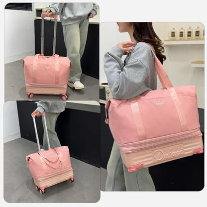 Expandable Rolling Travel Bag with Removable Wheels & Handle, Large Capacity Wheeled Duffle Tote, Foldable Carry On Luggage for Women, Lightweight Weekender Overnight Bag (Pink) - color: Pink