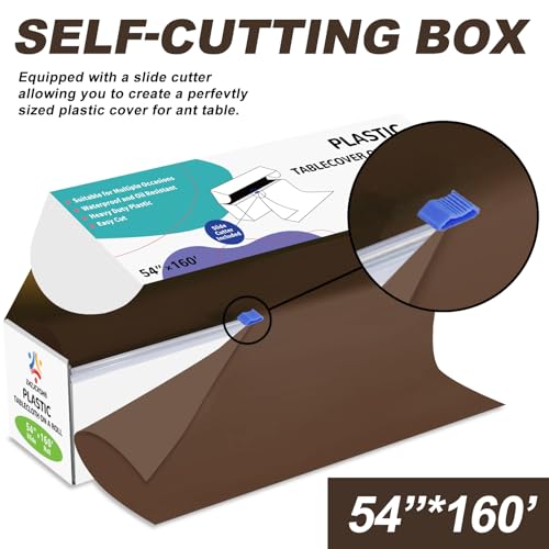 54IN X 160FT Plastic Table Cover Roll with Cutter Box, Cut to Size Plastic Table Cloths for Parties, Birthday, (Brown, 54"x1920") - color: Brown, size: 1920" x 54" (Rectangular)
