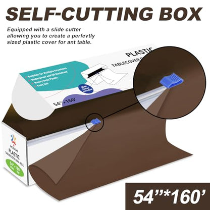 54IN X 160FT Plastic Table Cover Roll with Cutter Box, Cut to Size Plastic Table Cloths for Parties, Birthday, (Brown, 54"x1920") - color: Brown, size: 1920" x 54" (Rectangular)