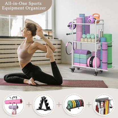 Multi-Functional Home Gym Storage Rack with Wheels and Hooks - color: White