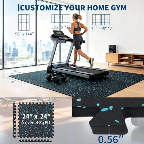 Garvee Exercise Equipment Mats 0.56" Thick 96 Sq ft Gym Flooring – 12 Tiles (24" x 24") Rubber Top with High Density EVA Foam, Interlocking Puzzle Workout Mats for Home Gym Exercise– Black/Blue - color: Black/Blue, size: 12 Tiles (48 Sq Ft)