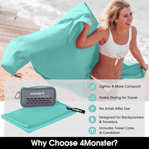 4Monster Quick Dry Travel Towel with Case & Carabiner – Super Absorbent Microfiber Gym & Camping Towel. Compact, Lightweight, Fast Drying for Beach, Swimming, Hiking, Backpacking - color: Lake-green, size: 31.50" x 15.80"