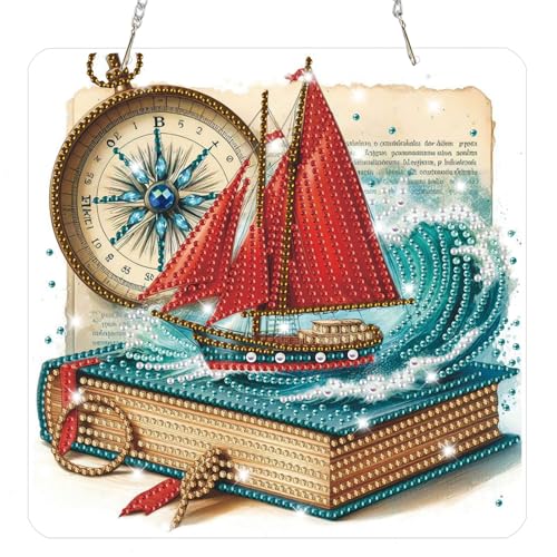Diamond Art Hanging Kits for Adults, Diamond Art Suncatchers Nautical Adventure with Compass & Book, 5D Special Shape Diamond Painting Pendant Window Ornament Gifts for Home Decor - color: Sailboat