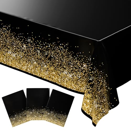 Blue Orchards Black Gold Tablecover (Pack of 3) 108" x 54" – Elegant Party Decoration, Backdrop, Accent, Black and Gold Glitter Tablecloth for Parties, Birthday, Graduation, Wedding & Events - color: Black Gold (Pack of 3)
